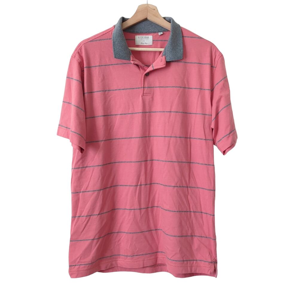 Linksoul Mens Polo Shirt Pink Striped Golfing Short Sleeve Large Golf Top Luxury